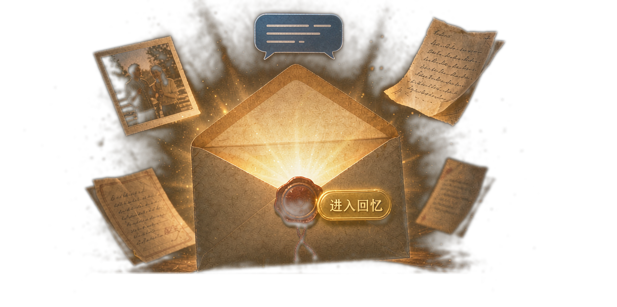 敞开的复古信封，火漆封印，暖光与回忆从中溢出